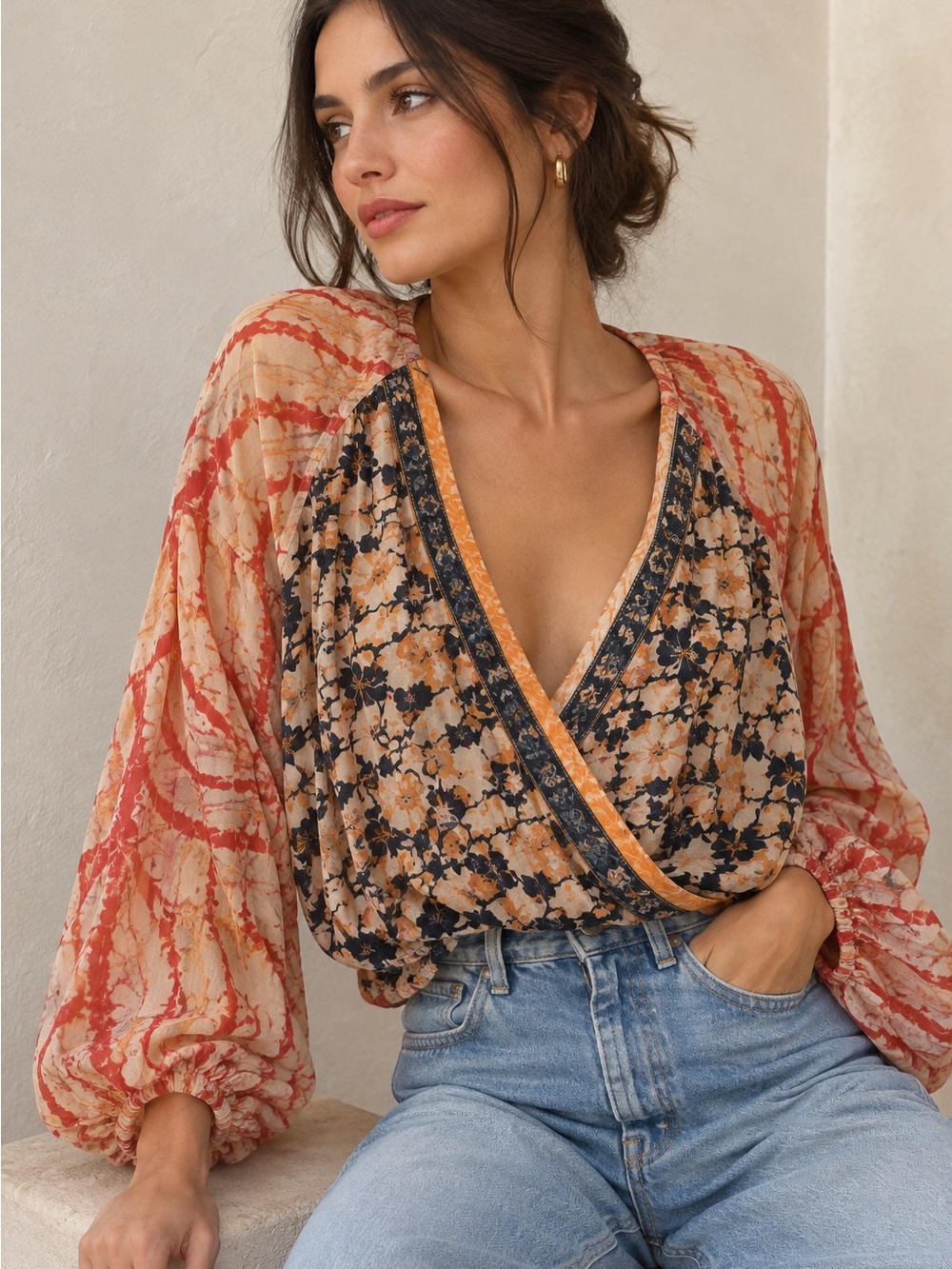 Free People Floral Wrap Blouse — Size M